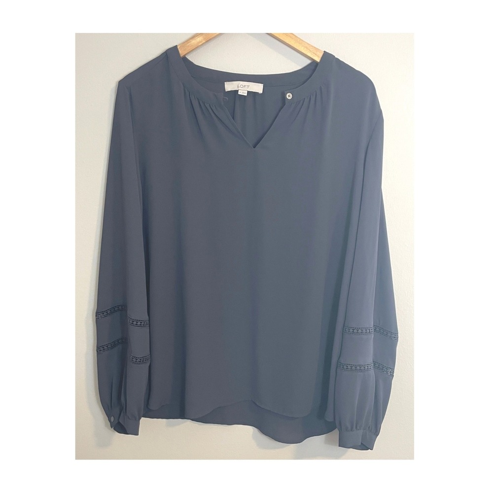 LOFT Women Slate Blue Ladder Lace Trim Long Sleeve Blouse Size Med Romantic Boho